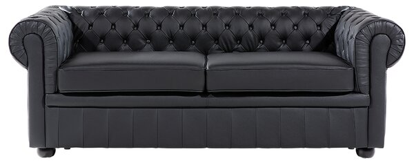 Pohovka chesterfield čierna kožená čalúnená nízke prešívané operadlo čierne nohy 3-miestna moderná