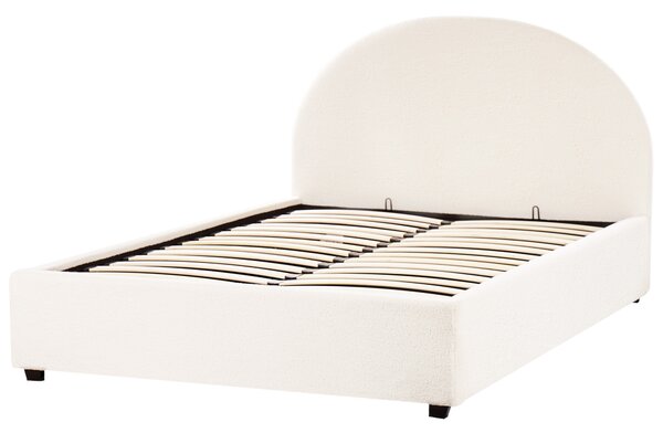 Posteľ s úložným priestorom krémová biela buklé čalúnenie 140 x 200 cm zaoblené čelo minimalistický retro dizajn spálňa
