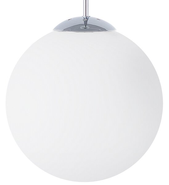 Závesná lampa biela sklenená so striebornými detailmi veľké guľaté svietidlo s 1 žiarovkou moderné