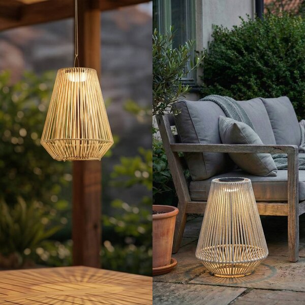 Lindby LED solárna závesná lampa Austas, béžová, Ø 32 cm, USB, IP54, Krémová / jantárovo žltá, Plast, Moderný