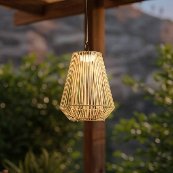 Lindby LED solárna závesná lampa Austas, béžová, Ø 32 cm, USB, IP54, Krémová / jantárovo žltá, Plast, Moderný