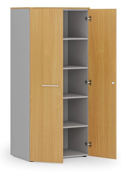 Kancelárska policová skriňa PRIMO GRAY s dverami, 800 x 500 x 1781 mm, sivá/buk