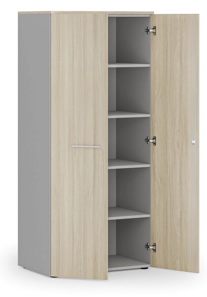 Kancelárska policová skriňa PRIMO GRAY s dverami, 800 x 500 x 1781 mm, sivá/dub prírodný