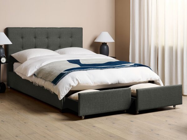 Posteľ s úložným priestorom tmavosivá látkové čalúnenie 140 x 200 cm vysoké prešívané čelo moderný štýl spálňa