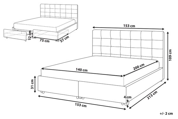 Posteľ s úložným priestorom tmavosivá látkové čalúnenie 140 x 200 cm vysoké prešívané čelo moderný štýl spálňa