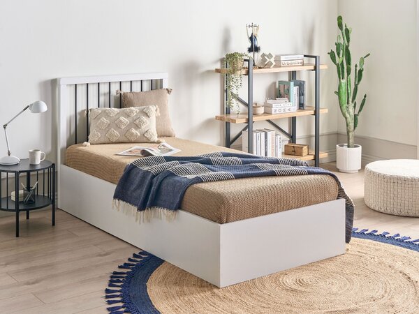 Posteľ s úložným priestorom biela MDF 90 x 200 cm rám postele s lamelovým roštom a čelom moderný dizajn spálňa