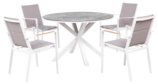 Vonkajšia jedálenská sada okrúhly hliníkový stôl keramická sklenená doska imitácia mramoru 4 stoličky sivé podsedáky