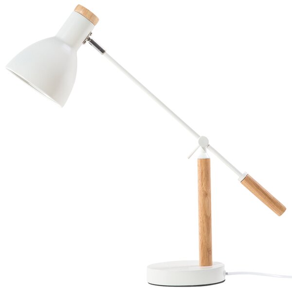 Kancelárska lampa biely kov a drevo 50 cm rameno a tienidlo nastaviteľný kábel s vypínačom priemyselného vzhľadu