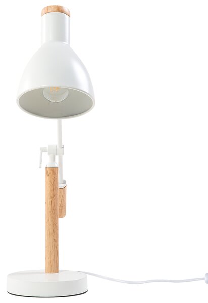 Kancelárska lampa biely kov a drevo 50 cm rameno a tienidlo nastaviteľný kábel s vypínačom priemyselného vzhľadu