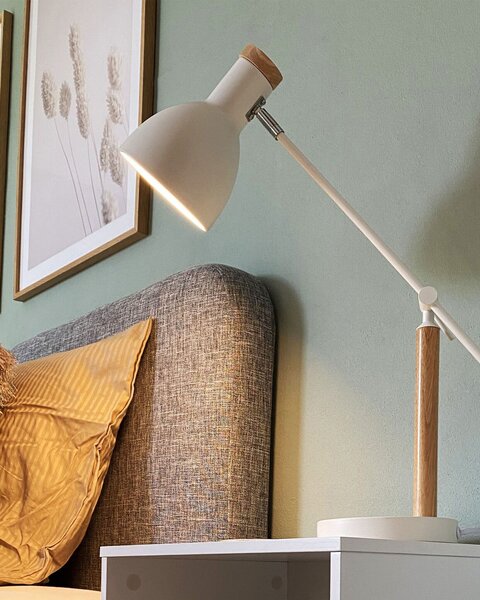 Kancelárska lampa biely kov a drevo 50 cm rameno a tienidlo nastaviteľný kábel s vypínačom priemyselného vzhľadu