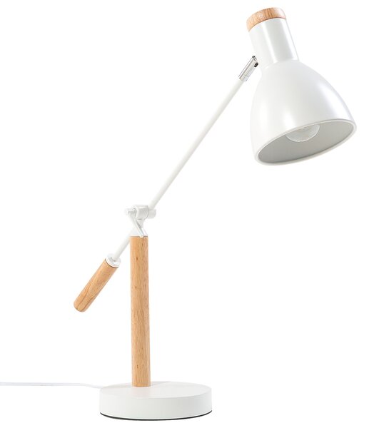 Kancelárska lampa biely kov a drevo 50 cm rameno a tienidlo nastaviteľný kábel s vypínačom priemyselného vzhľadu