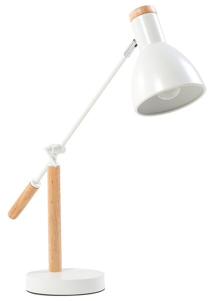 Kancelárska lampa biely kov a drevo 50 cm rameno a tienidlo nastaviteľný kábel s vypínačom priemyselného vzhľadu