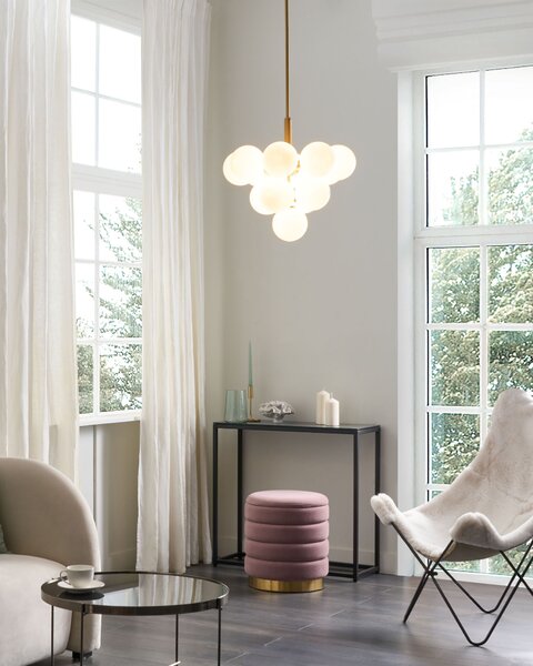Závesná lampa mosadzná kovová 100 cm s 13 tienidlami biele sklenené tienidlá elegantný luster