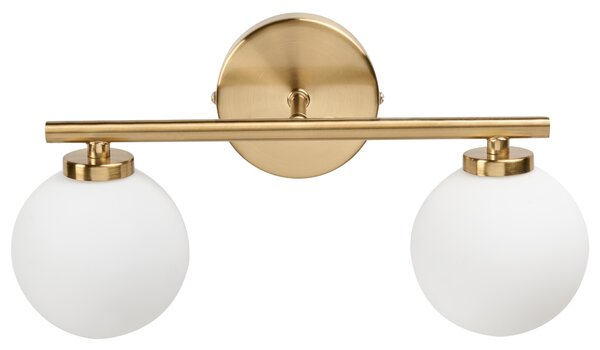 Nástenná lampa mosadzná kov železo 2 sklenené guľaté tienidlá kúpeľňa obývacia izba moderný dizajn