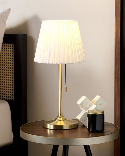 Stolná lampa mosadzná a biela železný stojan polyesterové tienidlo retro dizajn obývacia izba spálňa