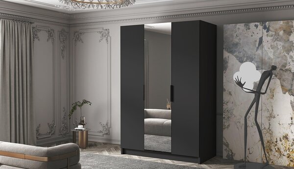 Šatníková skriňa so zrkadlom 150 cm COVO 2 - čierna / čierne úchyty