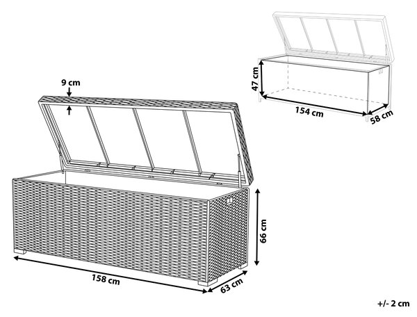 Vonkajší úložný box sivý umelý ratan 158 x 63 cm záhradný box na vankúše moderný štýl terasa záhrada