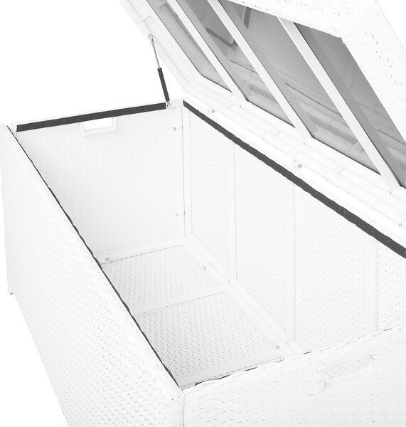 Vonkajší úložný box biely umelý ratan 158 x 63 cm záhradný box na vankúše moderný štýl terasa záhrada
