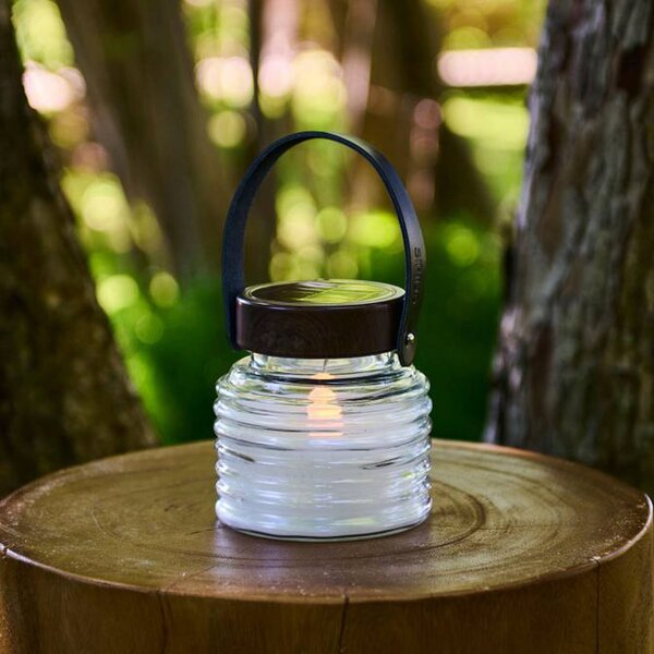 LED solarna lampa Aston Jar, výška 12 cm, čierna/hnedá, IP44, Jasné / priehľadné, Sklo