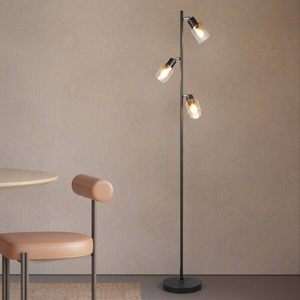 Reality Leuchten Stojacia lampa Cadiz, čierne/jantarové, 3-pl., výška 154 cm, Čierna, Obývacia izba / jedáleň, kov, Moderný, Stojaca lampa