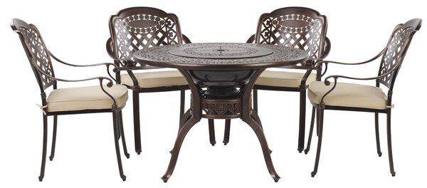 Hnedá hliníková záhradná súprava 1 stôl s vstavaným grilom 4 stoličky s vintage vankúšmi