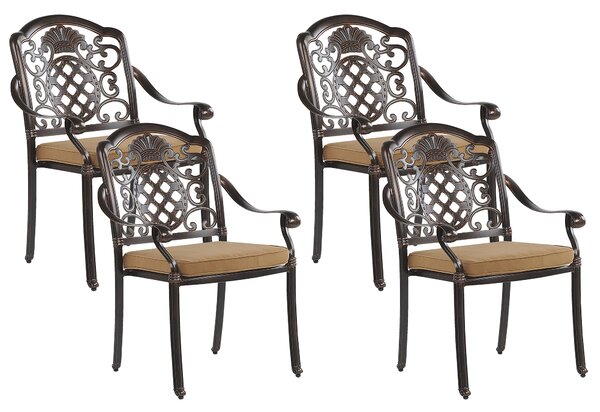 Sada 4 hnedých hliníkových záhradných stoličiek s retro vankúšmi na balkónovú terasu