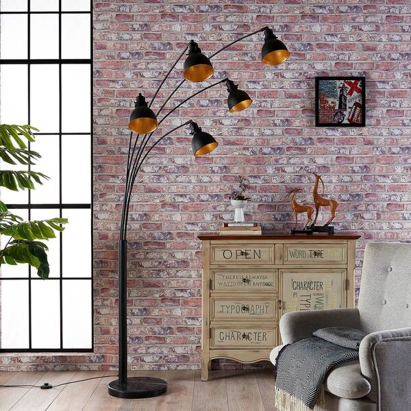 Stojacia lampa Lindby Lira, 5 svetiel, výška 205 cm, čierna, zlatá, Čierna, Obývacia izba / jedáleň, kov, Moderný, Oblúková stojaca lampa