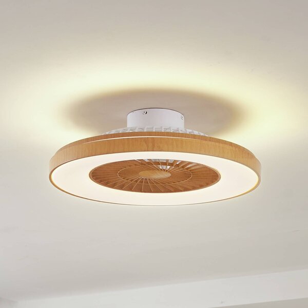 Lindby LED stropný ventilátor Teleo, Ø 58 cm, farba dreva,, Svetlé drevo, Obývacia izba / jedáleň, Plast, Moderný