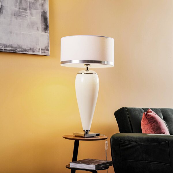 Argon Stolová lampa Lund, biela/opálová, výška 70 cm, Biela / opálová, Obývacia izba / jedáleň, Textil / látka / hodváb, Moderný, Stojacie svietidlo