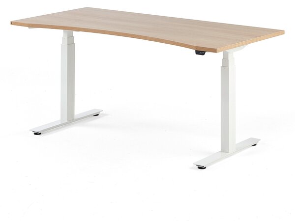 Výškovo nastaviteľný stôl MODULUS, s vykrojením, 1600x800 mm, biela, dub