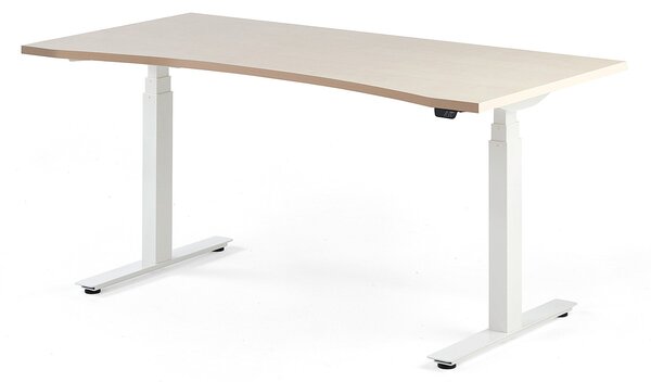Výškovo nastaviteľný stôl MODULUS, s vykrojením, 1600x800 mm, biela, breza