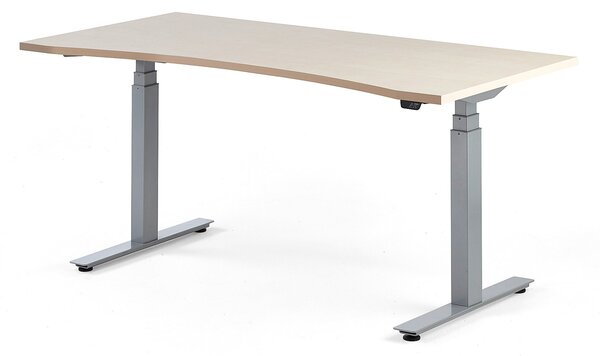 Výškovo nastaviteľný stôl MODULUS, s vykrojením, 1600x800mm, strieb., breza