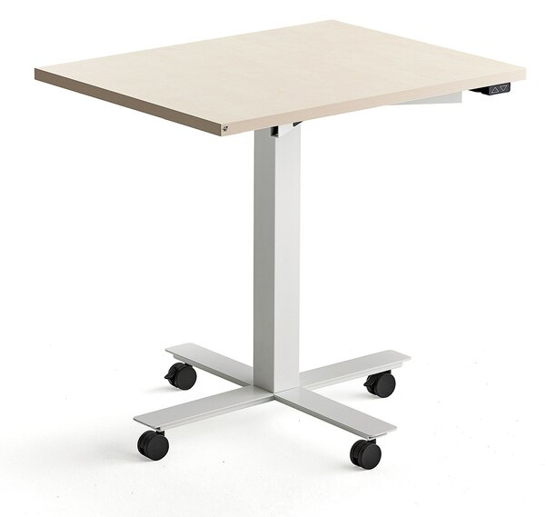 Stôl MODULUS s kolieskami, centrálny podstavec, 800x600 mm, biely rám, breza