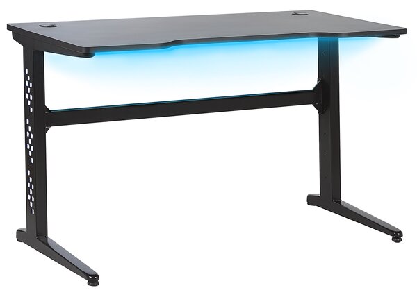 Herný stôl, čierna drevotrieska, obdĺžnikové kovové nohy, 120 x 60 cm, s RGB svetlom v modernom dizajne