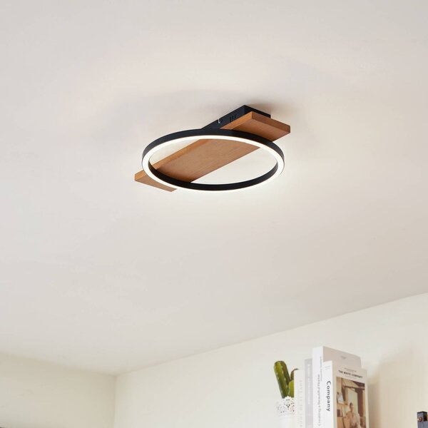 Lindby LED stropné svietidlo Galad, čierne, drevo, 30 cm, stmievateľné, Svetlé drevo, Obývacia izba / jedáleň, Drevo, Moderný, Stropné svetlo