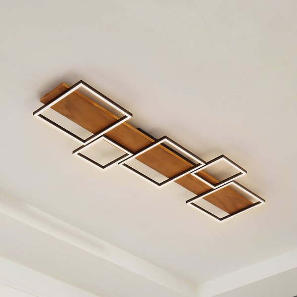 Lindby LED stropné svietidlo Galad, čierne, drevo, 5 svetiel, 140 cm, Svetlé drevo, Obývacia izba / jedáleň, Drevo, Moderný, Stropné svetlo