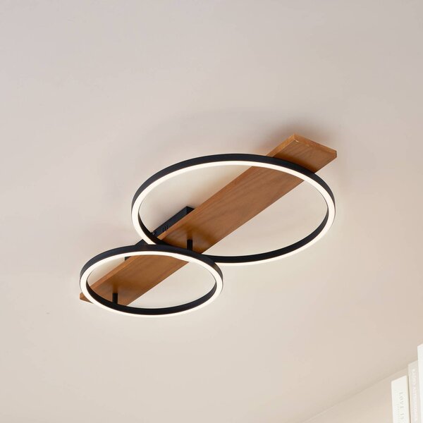 Lindby LED stropné svietidlo Galad, čierne, drevo, 2 svetlá, 75 cm, Svetlé drevo, Obývacia izba / jedáleň, Drevo, Moderný, Stropné svetlo