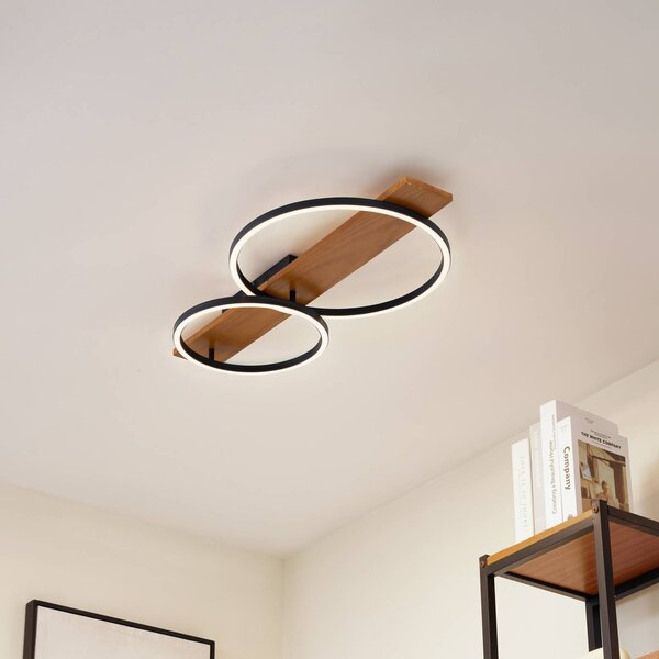 Lindby LED stropné svietidlo Galad, čierne, drevo, 2 svetlá, 75 cm, Svetlé drevo, Obývacia izba / jedáleň, Drevo, Moderný, Stropné svetlo