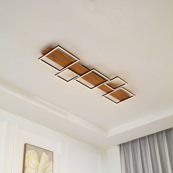 Lindby LED stropné svietidlo Galad, čierne, drevo, 5 svetiel, 140 cm, Svetlé drevo, Obývacia izba / jedáleň, Drevo, Moderný, Stropné svetlo