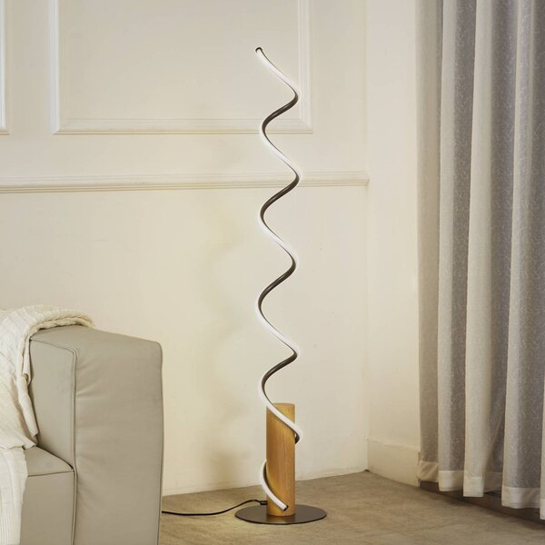 Lindby LED stojacia lampa Spiraali, sivá, drevo, výška 133 cm, Hliník / sivá / zinok, Obývacia izba / jedáleň, Hliník, Vidiecky / Rustikálny