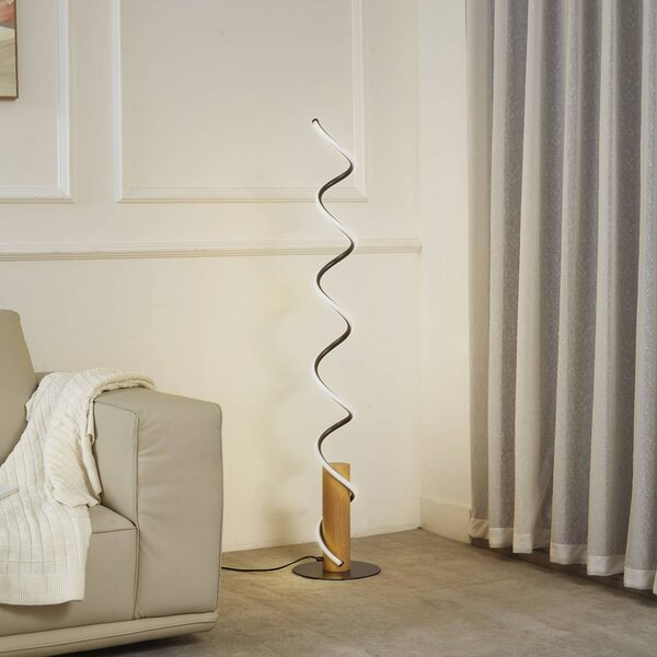 Lindby LED stojacia lampa Spiraali, sivá, drevo, výška 133 cm, Hliník / sivá / zinok, Obývacia izba / jedáleň, Hliník, Vidiecky / Rustikálny