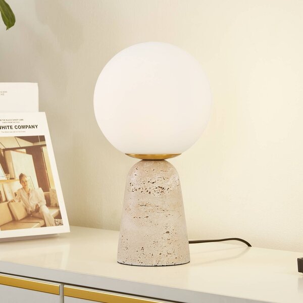 Stolná lampa Lindby Kirstan, béžová, biela, sklo, kameň, 33 cm, Biela / opálová, Obývacia izba / jedáleň, Kameň, Moderný, Stojacie svietidlo