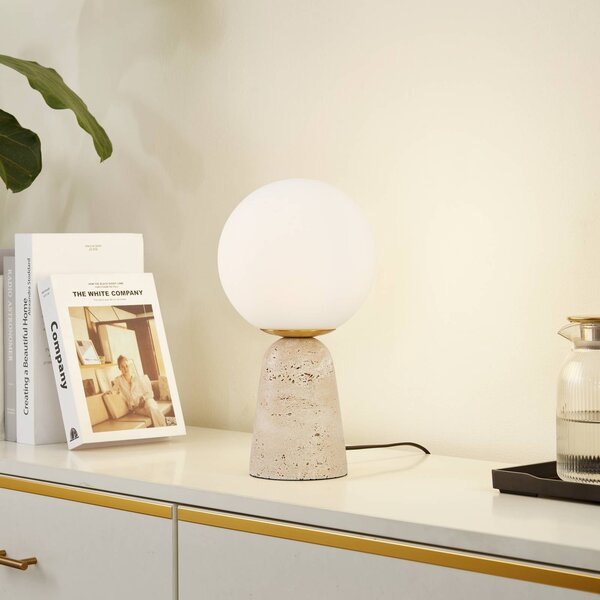 Stolná lampa Lindby Kirstan, béžová, biela, sklo, kameň, 33 cm, Biela / opálová, Obývacia izba / jedáleň, Kameň, Moderný, Stojacie svietidlo