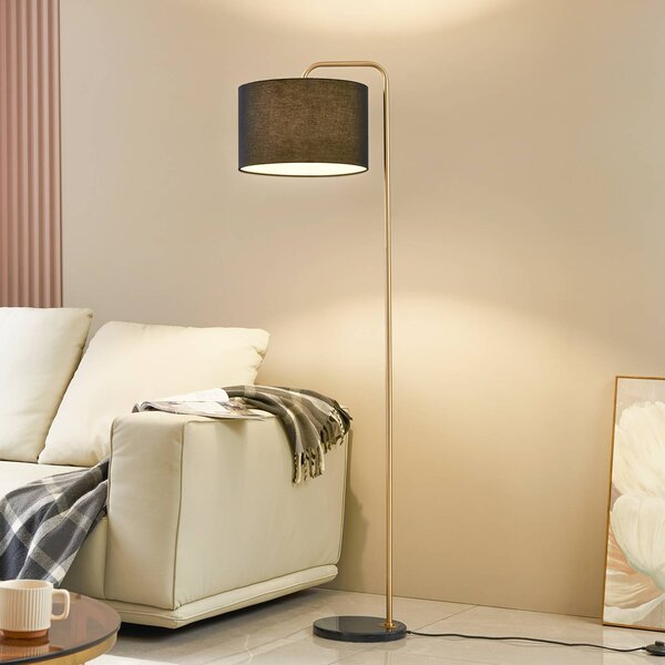 Stojacia lampa Lindby Hillary, čierna/zlatá, mramor, 153 cm, Čierna, Obývacia izba / jedáleň, Textil / látka / hodváb, Moderný, Stojaca lampa