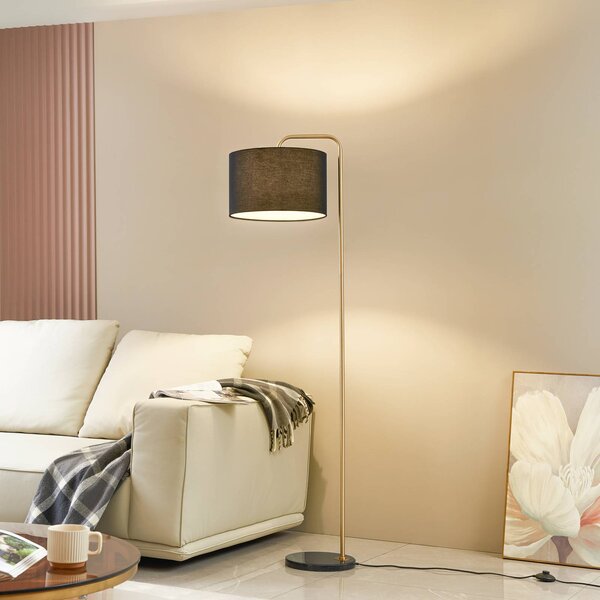 Stojacia lampa Lindby Hillary, čierna/zlatá, mramor, 153 cm, Čierna, Obývacia izba / jedáleň, Textil / látka / hodváb, Moderný, Stojaca lampa