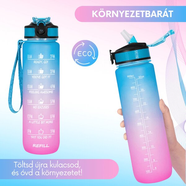 Motivačná fľaša na vodu s citátmi a časovou osou (1000 ml) - modrá/ružová
