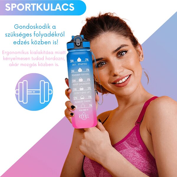 Motivačná fľaša na vodu s citátmi a časovou osou (1000 ml) - modrá/ružová