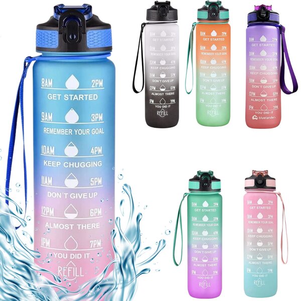 Motivačná fľaša na vodu s citátmi a časovou osou (1000 ml) - modrá/ružová