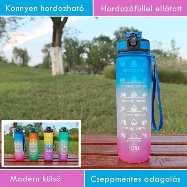 Motivačná fľaša na vodu s citátmi a časovou osou (1000 ml) - modrá/ružová