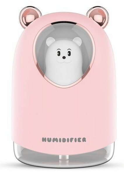USB zvlhčovač vzduchu s figúrkou medvedíka, náladové osvetlenie, 300 ml - ružový